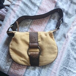 Stylish Mustard Corduroy Mini Bag with Dark Brown Strap